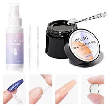 Gellen Solid Gel Nail Glue with Nail Glue Remover Set 15g Solid Nail Glue Gel for Press On Nails Acrylic Nails 60ml Soft Gel Nail Tips Glue Remover UV Lamp Gel Glue for Nails
